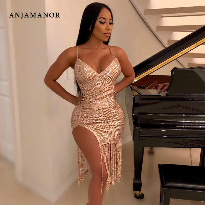 tobillo cumpleaños Disfraz ANJAMANOR Vestidos sexys de lentejuelas doradas brillantes para mujer,  vestido de fiesta de noche de cumpleaños, borla dividida, sin mangas, Midi,  Bodycon, D35 EI32|Vestidos| - AliExpress