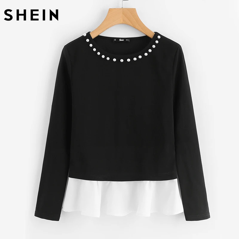 Billige SHEIN Perle Perlen Hals Kontrast Trim Tops Schwarz und Weiß Farbe Block Herbst Top Langarm Elegante T shirt