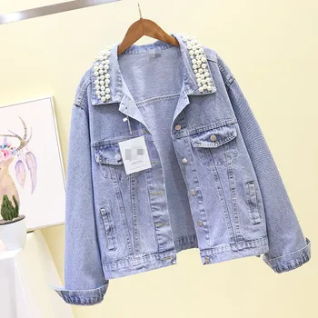 

New Pearl Beaded Denim Coat Woman Spring Loose Jeans Short Jacket Female Students Turn-down Collar Single Breasted Jackets Coats