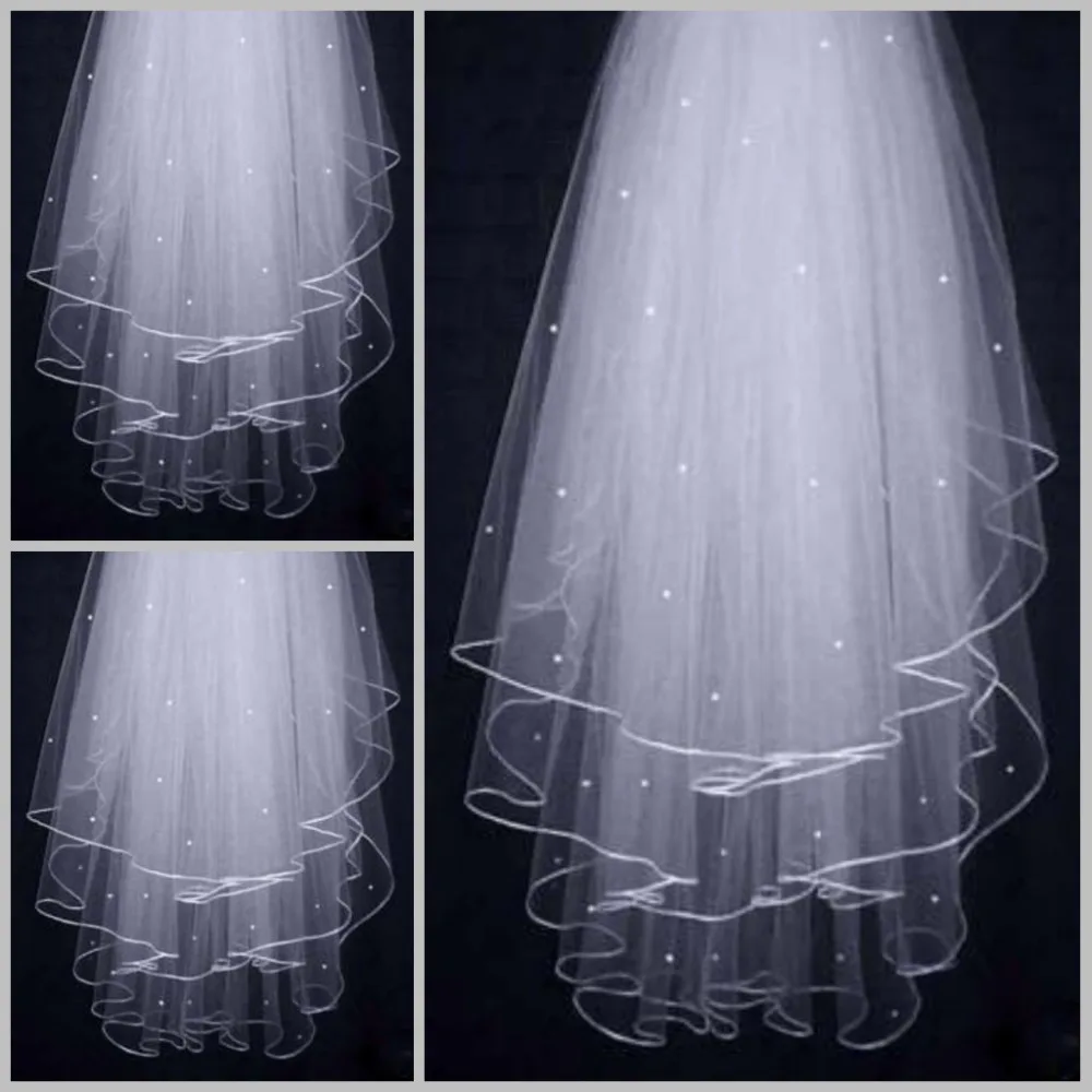 

3 Layers white Ivory Pearl Elbow Length Satin Edge Wedding Bridal Veil with Comb