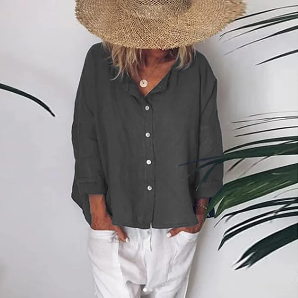 Womail Summer Women Casual Smooth comfortable and refreshing V Neck Plus Size Button Solid Grey Linen Loose Daily Shirt w30507