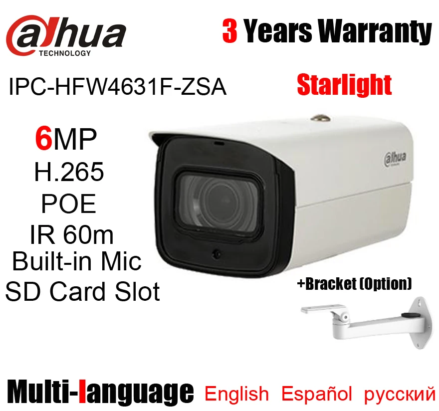 

Dahua IPC-HFW4631F-ZSA Bullet IP Camera 6MP IR 60M H.265 H.264 POE 2.7mm~13.5mm motorized zoom lens Starlight network camera