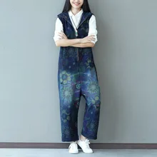 Лето г. Для женщин Повседневное плюс Размеры свободные джинсовые комбинезоны с капюшоном и застежкой-молнией комбинезоны без рукавов комбинезон с цветочной расцветкой W1025