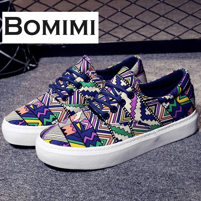 

BOMIMI Women Canvas Shoes Spring Autumn Student Sneakers Lace Up Ladies Casual Vulcanize Graffiti Shoes