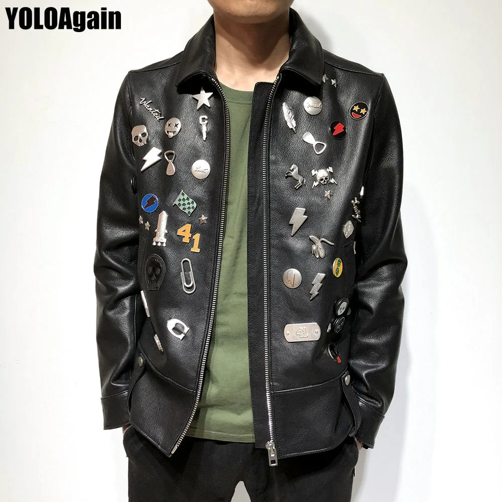 

YOLOAgain Men's genuine leather jacket Male lapel long sleeve rivet black real sheep leather jacket