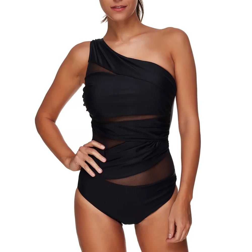 

Women Summer Sexy One Shoulder Swimwear Black Mesh Bodysuit Sport Swim Suits Plus Size Swimwear XXXL One Piece Swimsuit
