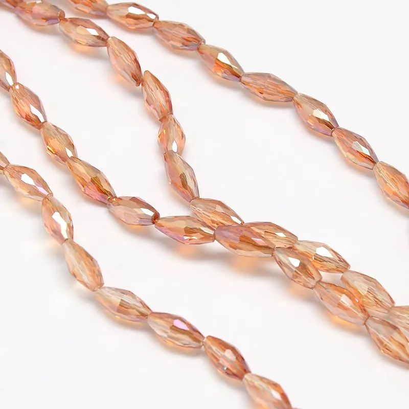 10Strands Electroplate Crystal Glass Rice Beads Strands Faceted, Rainbow Color Plated, Coral, 4x9mm, Hole: 1mm; about 58pcs/str
