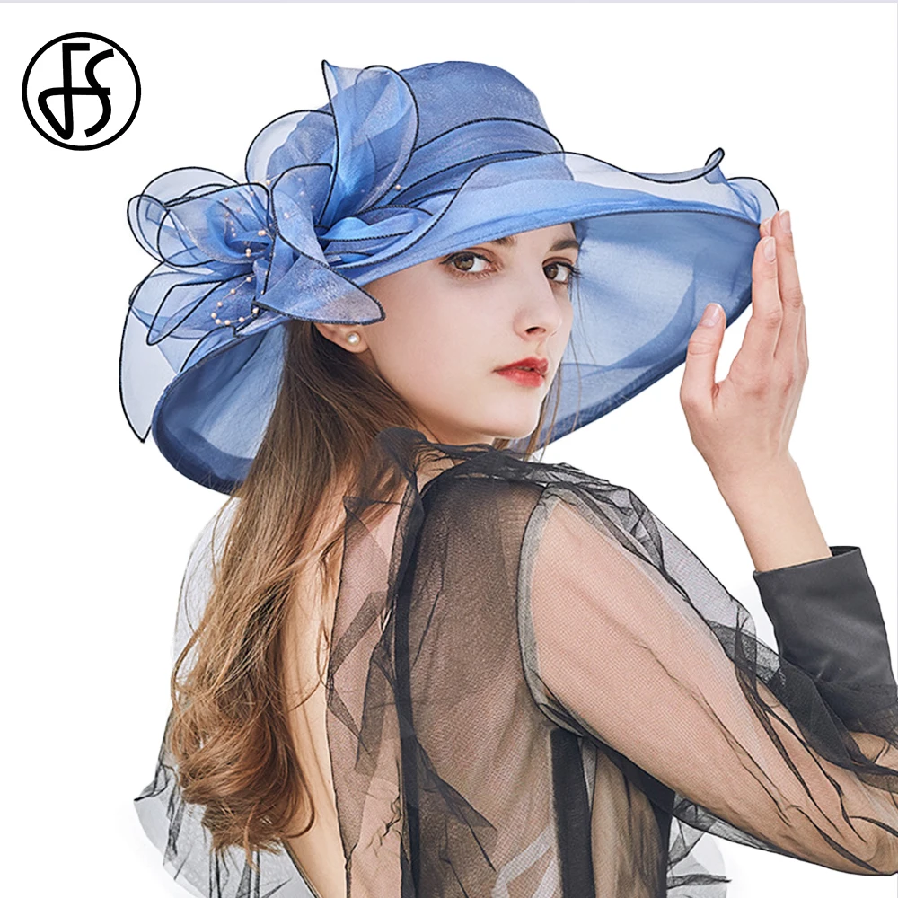 

FS New 20 Colors Floral Sun Hats Fordable Wide Brim Blue Pink Organza Hat Women Fascinator Beach Cap Chapeu Fedora