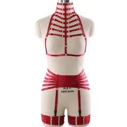 Для женщин цвет красного вина Связывание Rave носить бандаж набор шеи тело клетка бюстгальтер жгут Гот Подвязки для танцев на шесте Harajuku