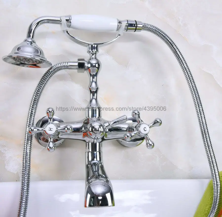 Polished Chrome Wall Mount Bathtub Faucet Dual Handles With
