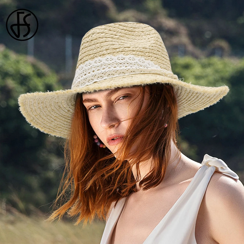 FS أنيقة النساء دلو قبعات من القش مع أسود أبيض منقوشة الشريط الصيف كاب أزياء السيدات واسعة حافة خمر فيدورا بنما قبعة