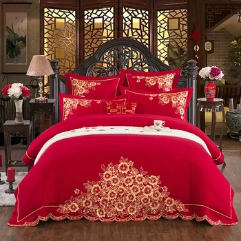 

4/7Luxury Egyptian Cotton gold Embroidery Bedding set wedding Bed set King Queen Size red Duvet cover Bedsheet set