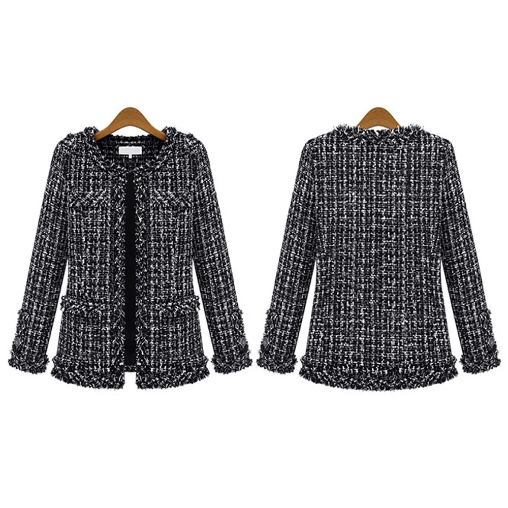 Осенне-зимнее женское пальто элегантное приталенное клетчатое пальто с длинным рукавом женское винтажное официальное твидовое пальто размера плюс с кисточками черное 4XL