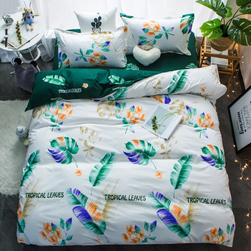

Green Plantain Leaves Bedding Set Full Queen Size Polyester Duvet Cover Sets With Flat Sheet 4pcs Bed Linen Soft Bedclothes