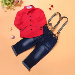 DIIMUU/Весенняя модная детская одежда для малышей, красные рубашки с длинными рукавами, повседневная одежда, джинсовые брюки, подтяжки