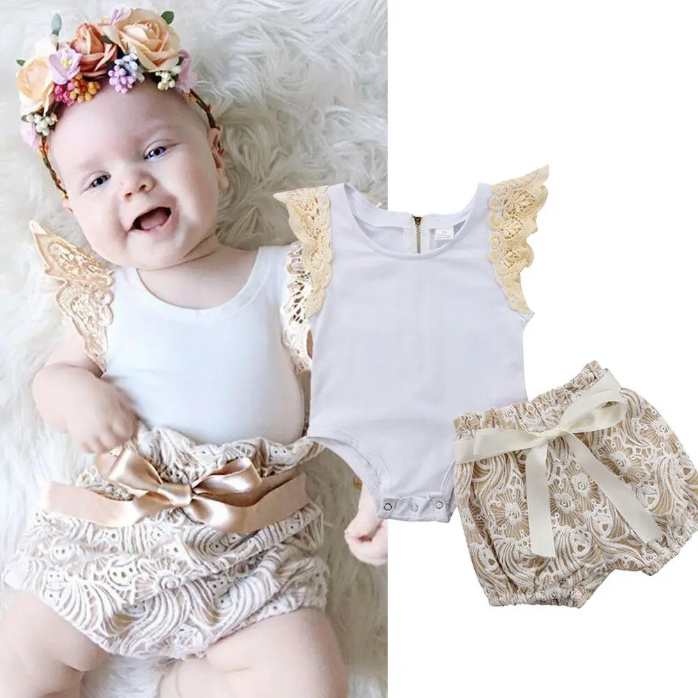 2pcs Baby Girls Clothes Outfits Lace Ruffles Sleeve Back Zipper Romper Tops+Bowknot Lace Floral Shorts Bloomers Shorts Set 0-18M
