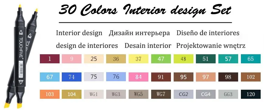 30 Interior Set Маркер Touchnew 40/60/80/168 цветов художник двойная головка Арт Набор маркеров для эскизов для манги маркер школьный чертежный Маркер для белой доски дизайн - Цвет: 30 Interior Set