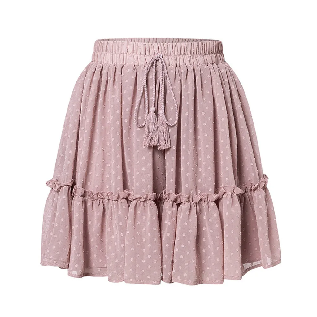 

Women High Waist A Line Mini Skirt Pleated Ruffle Cute Beach Short Skirt fashion sexy solid color dot shorts Skirt travel Mar 9