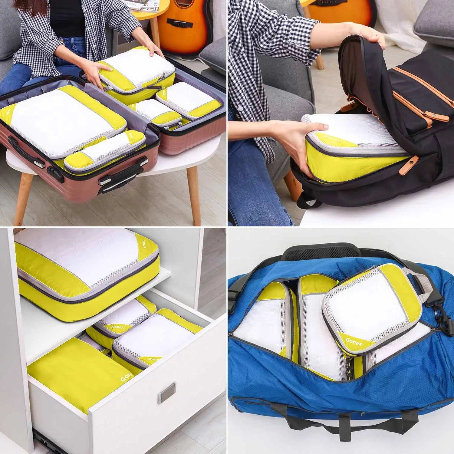 Gonex дорожная сумка для хранения 19 дюймов чемодан Органайзер набор висячие компрессионные упаковочные кубики для одежды Нижнее белье обувь - Цвет: Цвет: желтый