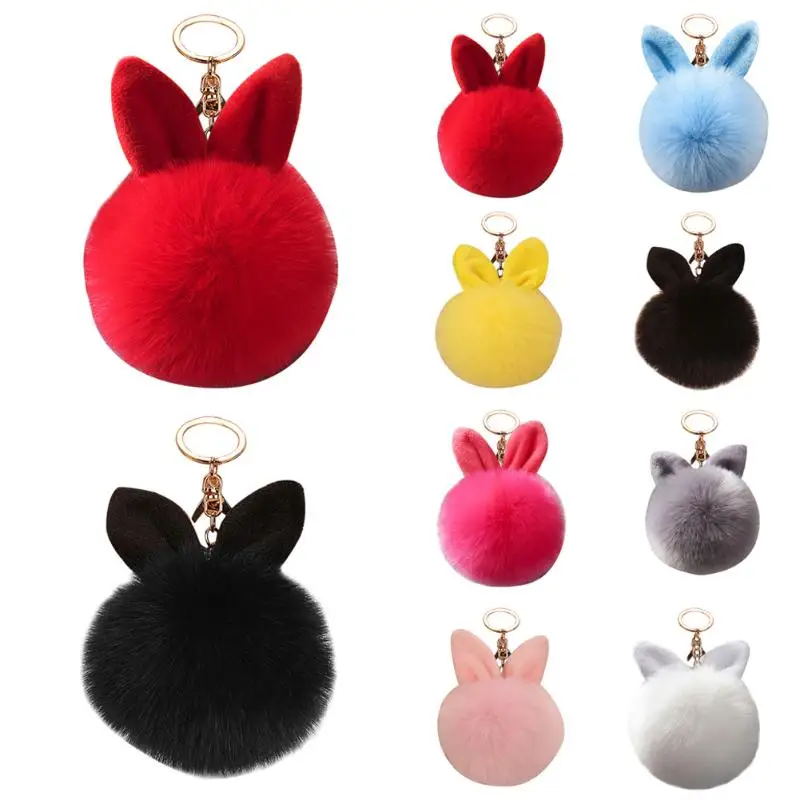 

Cute Fluffy Bunny Car Keychain Women Lovely Rabbit Ear Artificial Wool Fur Ball Key Chain Bag Key Ring Keyring Auto Accessories