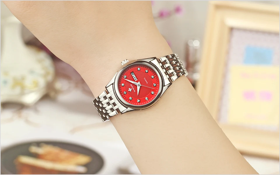 WWOOR часы Для женщин кварц Дата часы Для женщин часы люксовый бренд Нержавеющая сталь женские наручные часы Серебряный Красный Relogio Feminino