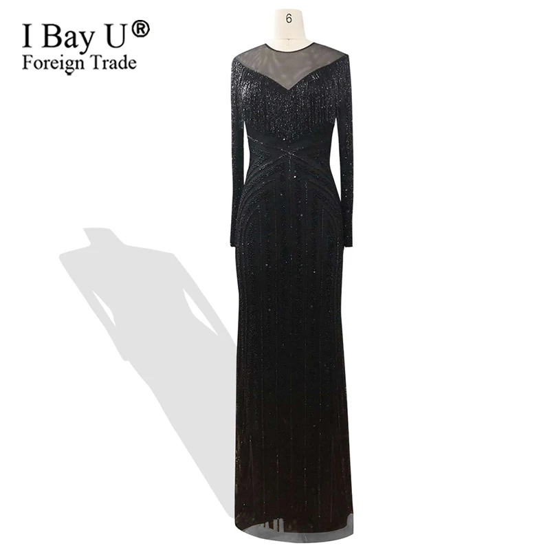 Великолепное черное бисерное вечернее платье 2019 с длинными рукавами Русалка Серебряное платье для выпускного вечера vestido de festa