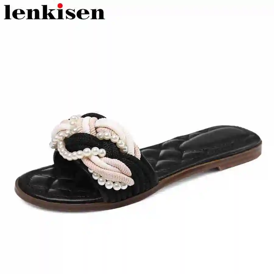 

Lenkisen plus size European design solid slip on beading peep toe flat with outside slippers sweet party beach women mules L01