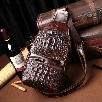 

Nice New Vintage Men Oil Wax Genuine Leather Cowhide Crocodile Sling Chest Bag Travel Shoulder Cross Body Messenger Pack