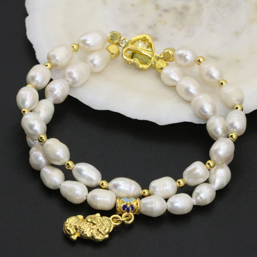 

7-8mm white natural freshwater cultured barrel rice pearl two rows clasp bracelets original design charms jewelry 8inch B2759