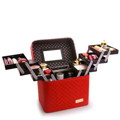 Для женщин большой Ёмкость органайзер для профессионального макияжа модные туалетные принадлежности и косметика сумка Многослойные коробка для хранения Портативный изысканный чемодан - Цвет: Cred
