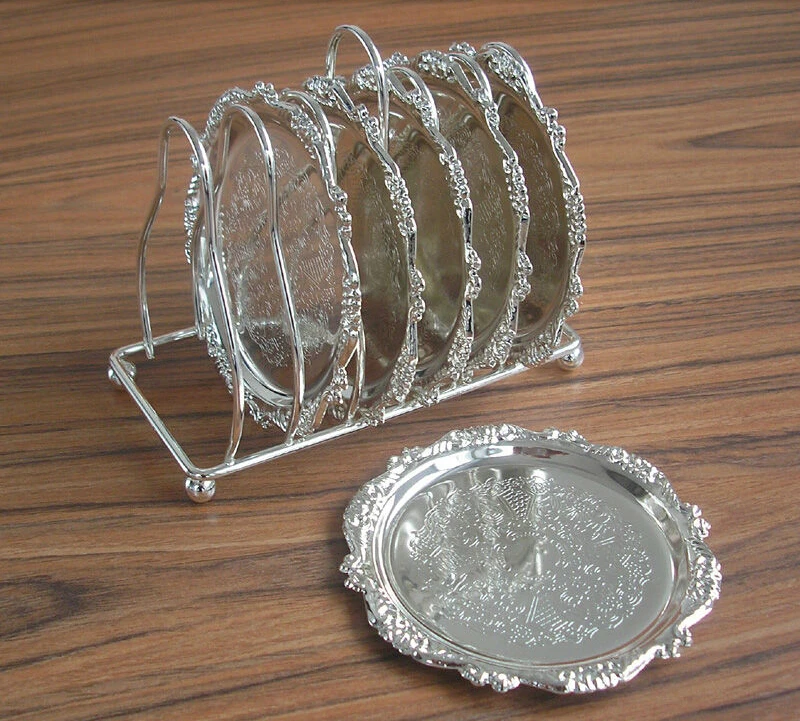 

6PCS/Set Metal Material Round Coffee/Tea Cup Coaster Cup Mats With Storage Holder Engraving Embossed Tableware 340A