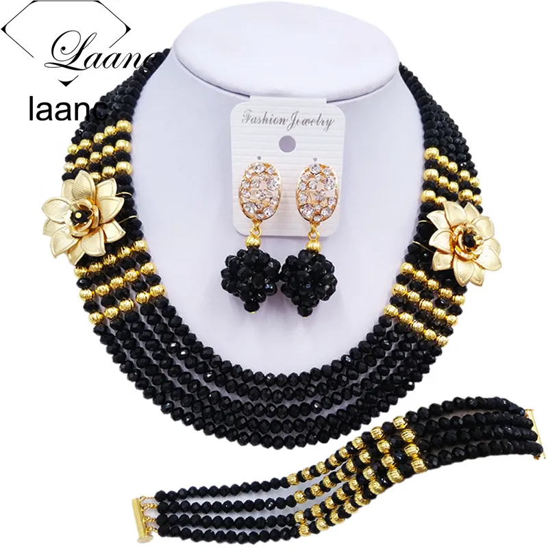 

Laanc Fashion Women Black African Costume Jewelry Set Nigerian Beads Necklace Wedding Bridal Jewelry Sets 5XSH006