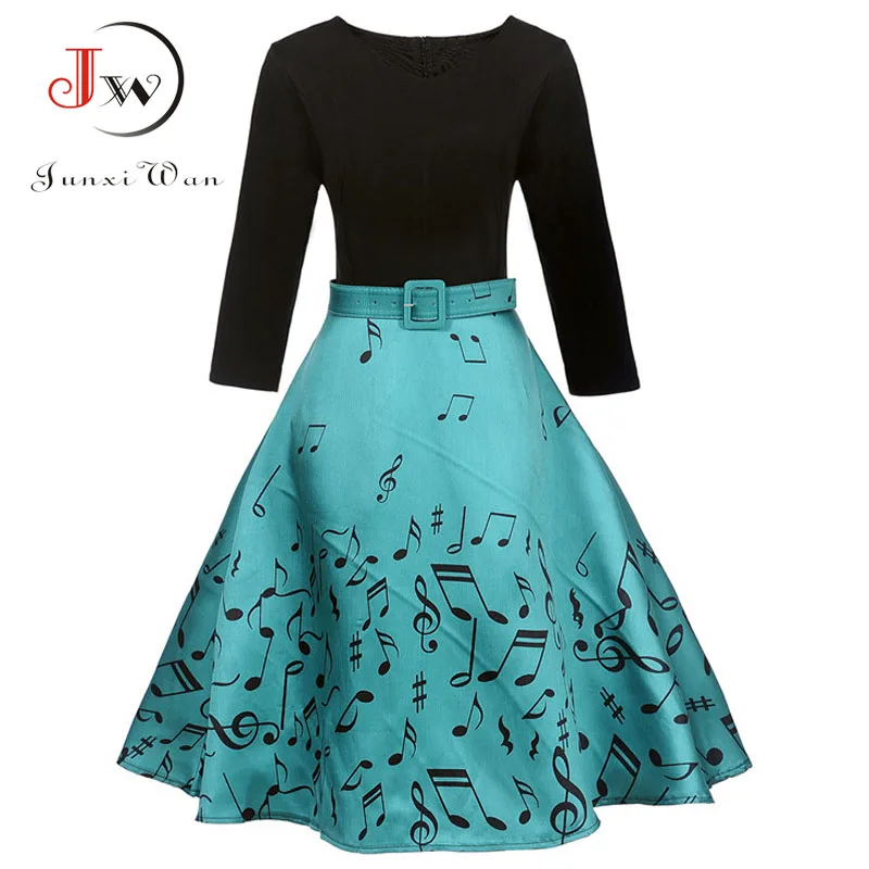 

Black Women Vintage Dress 50s 60s Pattern Print Slim Swing Robe Party Dresses with a Belt Plus Size Sexy V Collar Winter Jurk