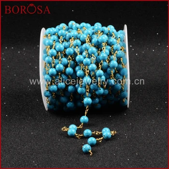 

BOROSA 5 Meters Handcrafted Gold Color Or Silver Color Round Druzy Blue Howlite Stone Beaded Chains for Necklace Making JT084