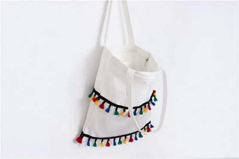 KANDRA 2019 Layered Colorful Tassel Canvas Shopping Tote Bag Women Zipper Durable Shoulder Bag Female Shopping Bags Wholesale