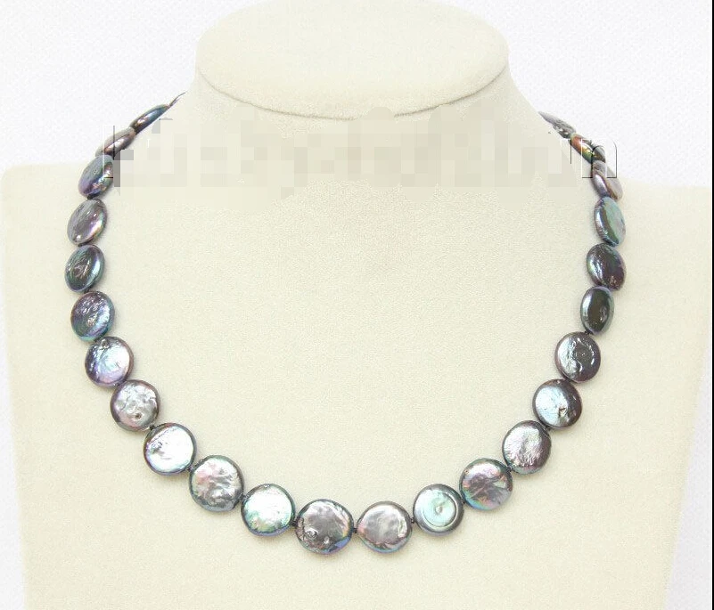 

FREE shipping>>>>>>17" 12mm coin fastener black pearls necklace filled gold clasp j9526 6.07