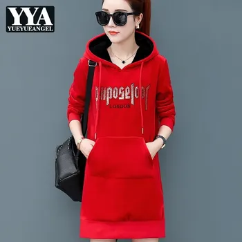 

Korean Winter Black Casual Long Sleeve Slim Hooded Pullovers Women Sweatshirt Straight Thick Fleece Lining Top Female Fashion