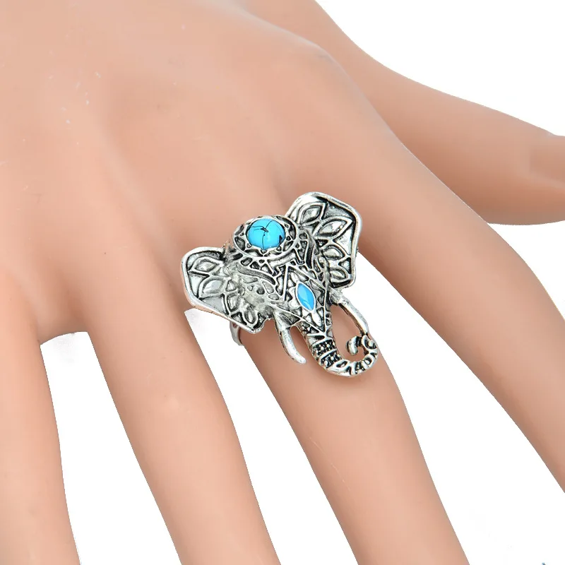 2017 New Antique Silver Color Ring Blue Enamel Blue Stone Elephant Finger Rings Anillos Mujer Jewelry Gift