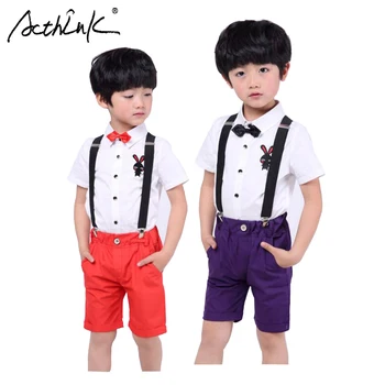

ActhInK New Summer Boys 2PCS Performance Overall Suits with Bowtie Kids Formal Shirt&Pants Suits with Belt Boys School Costumes