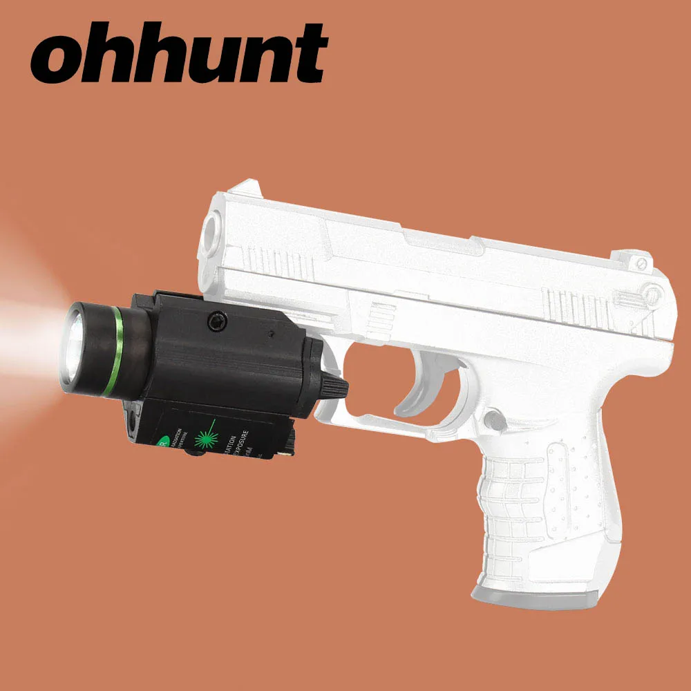 

ohhunt Tactical LED Flashlight with Green Laser Sight Combo White Light 200 lumens Picatinny Rail Mount for Pistol