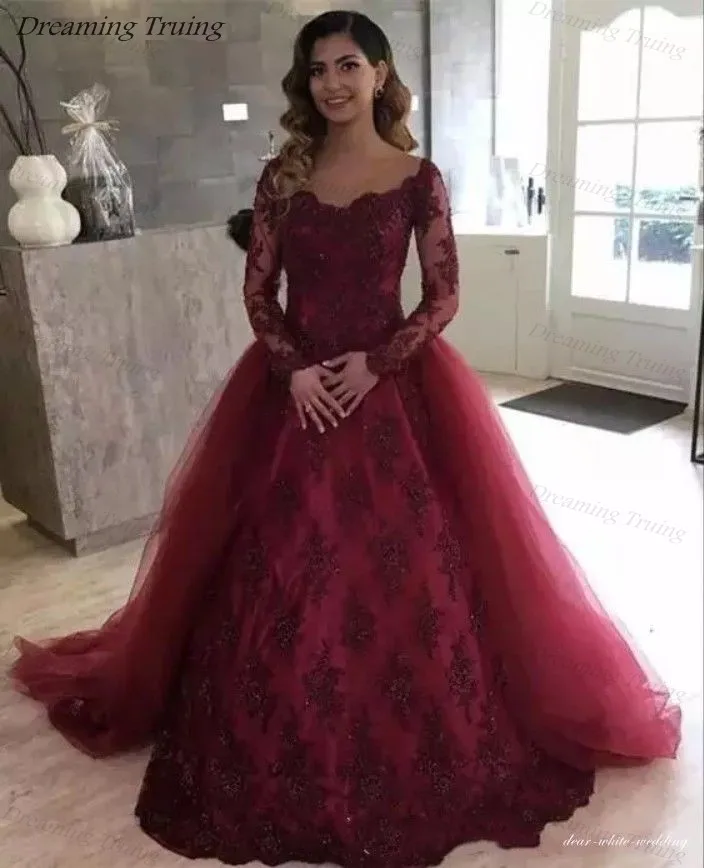 Custom Made Burgundy Prom Dresses With Detachable Train Lace Appliques
