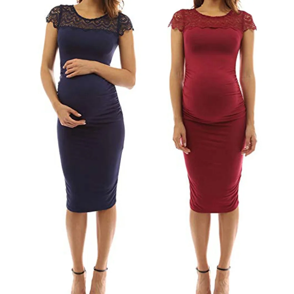 

Summer Sexy Maternity Dresses For Nursing Women Maternity Solid Lace Inset Ruched Sheath Pregnancy Nursing Baby Dress