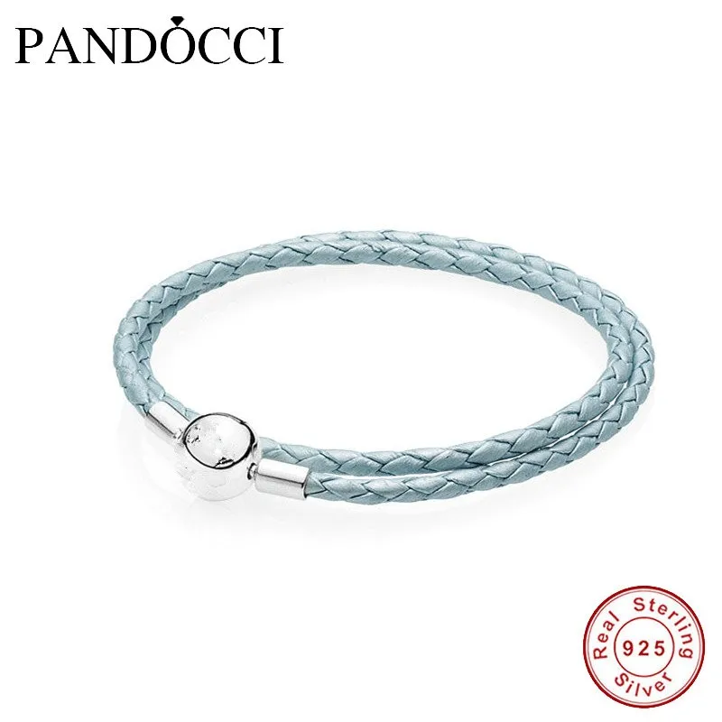 

Leather Bracelets Jewelry Blue Chain Authentic 925 Sterling Silver Clasp Clip DIY Suitable For European Beads And Charms
