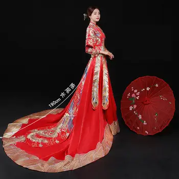 

Luxurious Women Floor Length Trailing Dress Noble Classic Suzhou Embroidery Cheongsam High Quality Phoenix Red Wedding Qiapo