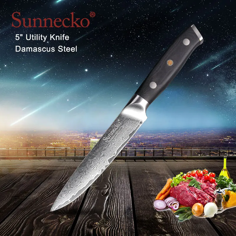

SUNNECKO 5 inch Utility Knife Kitchen Knives Japanese Damascus VG10 Steel Sharp G10 Sanding Handle Chef Knife Fruit Cutter Tools