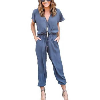 

New Summer Sexy V Neck Drawstring Waist Pocket Rompers Womens Jumpsuit Loose Cross Overalls Short Sleeve Playsuit Black Grey