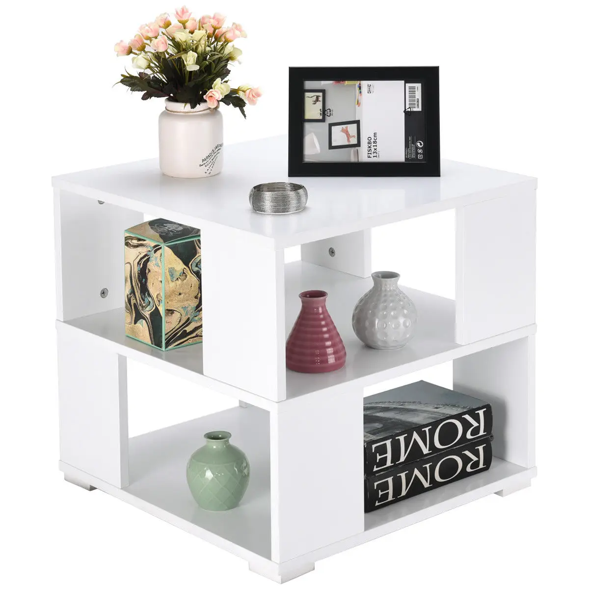 Giantex الحديثة الخشب مربع طاولة القهوة غرفة المعيشة الأبيض نهاية طاولة جانبية مع تخزين مكعب رفوف HW57014