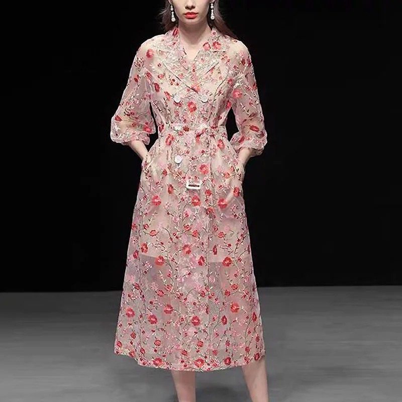 

XF Windbreaker Handmade 3D Embroidery High Quality 2019 Summer Women'S Milan New Tulle Rose Double-Breasted + Sling Lining Coat