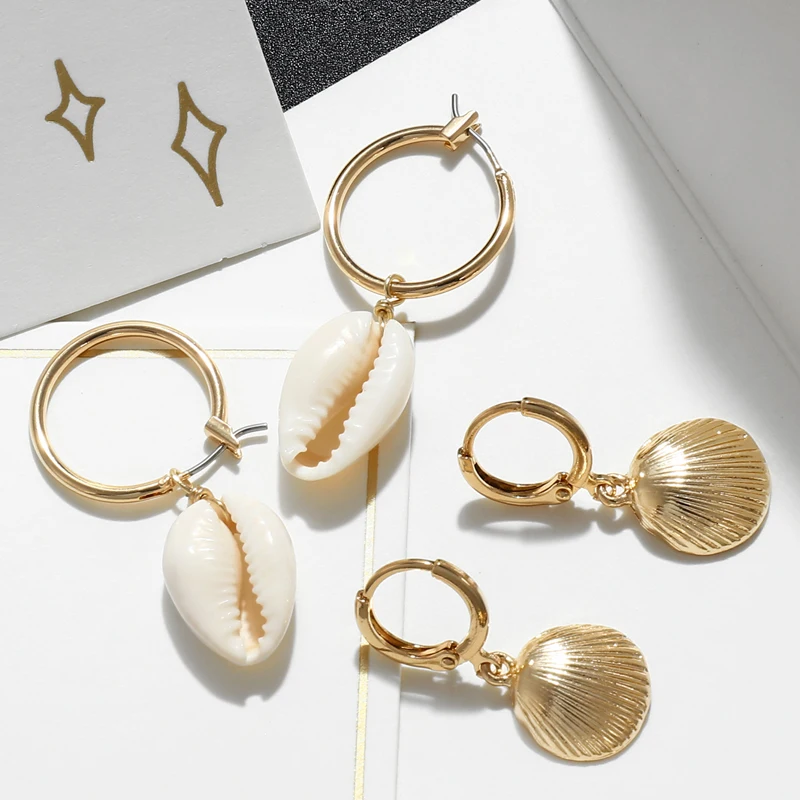 

Ocean Style Summer Beach Seashell Hoop Earrings Big Statement Circle Earrings for Women Vintage Gold Conch Starfish Jewelry