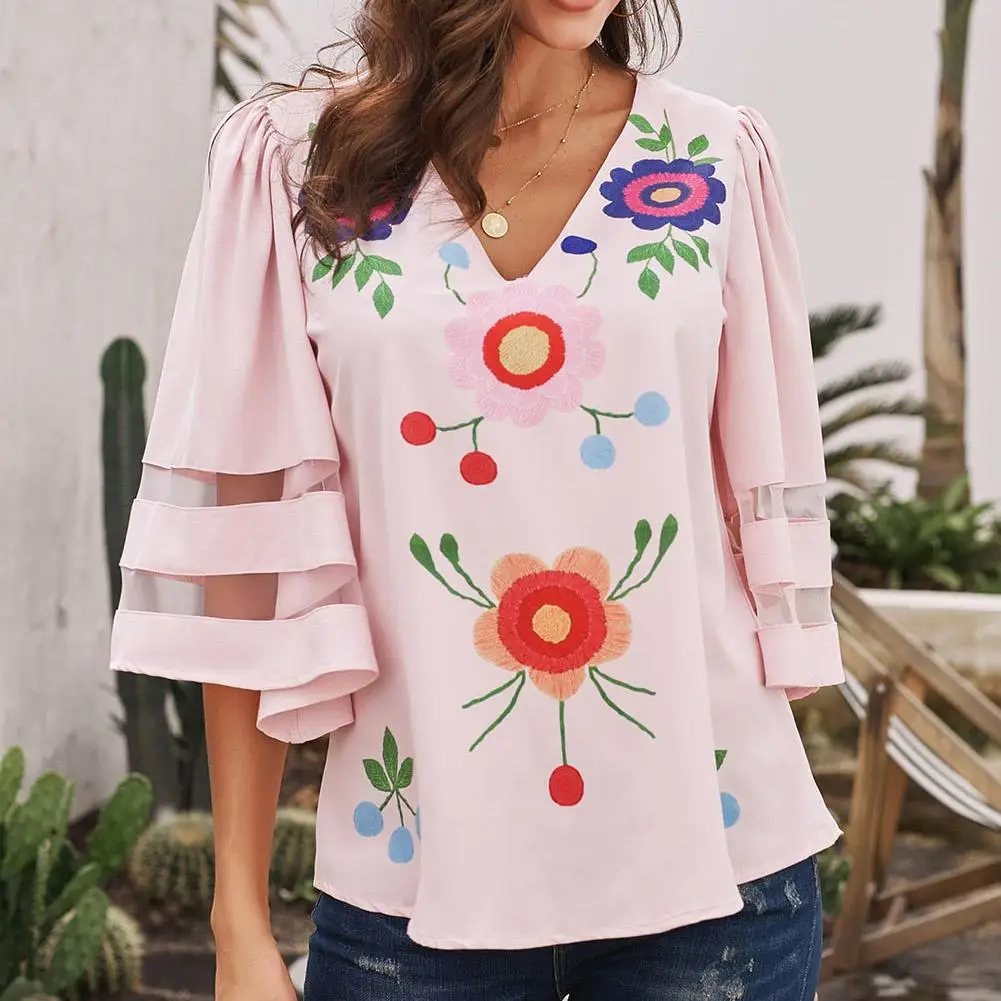 

Summer Sexy V Neck Lace Blouse Women Floral Printing Mesh 3/4 Bell Sleeve Loose Top Shirt Chemisier Femme Blusas Mujer De Moda
